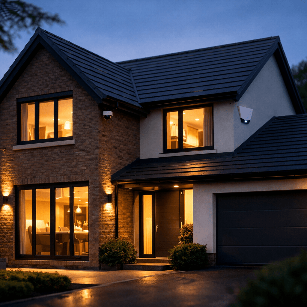 Modern home exterior at dusk with subtle security features
