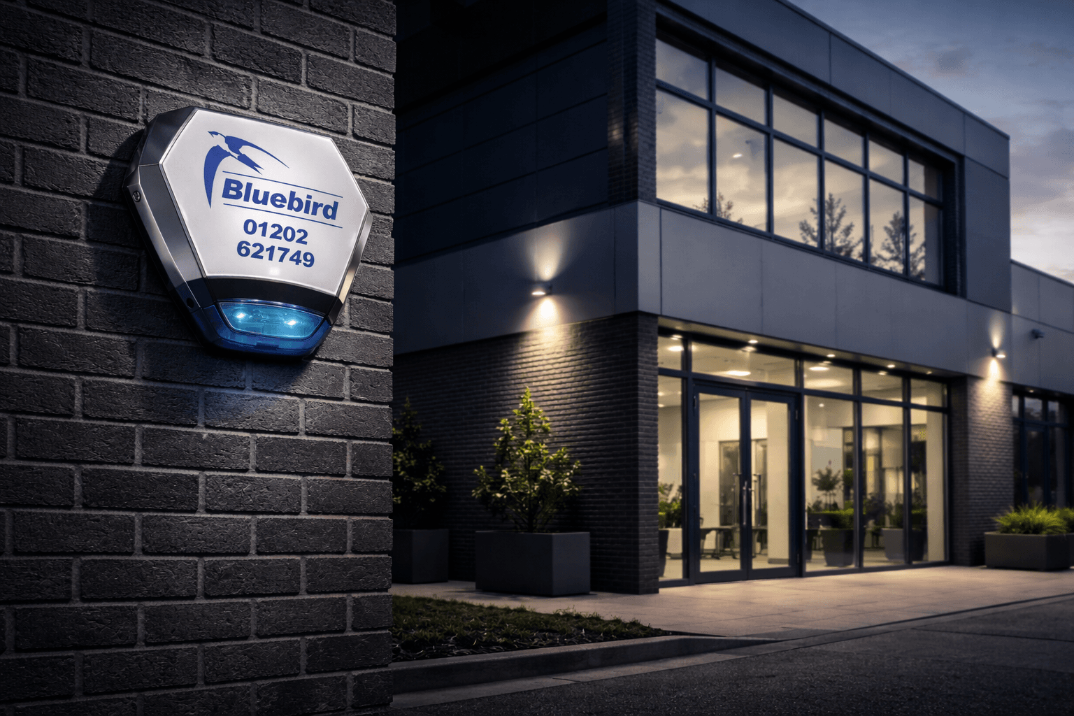 Commercial property protected by Bluebird Security external alarm system
