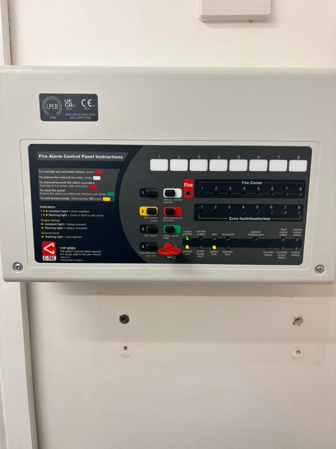 Close view of a C-Tec fire alarm control panel
