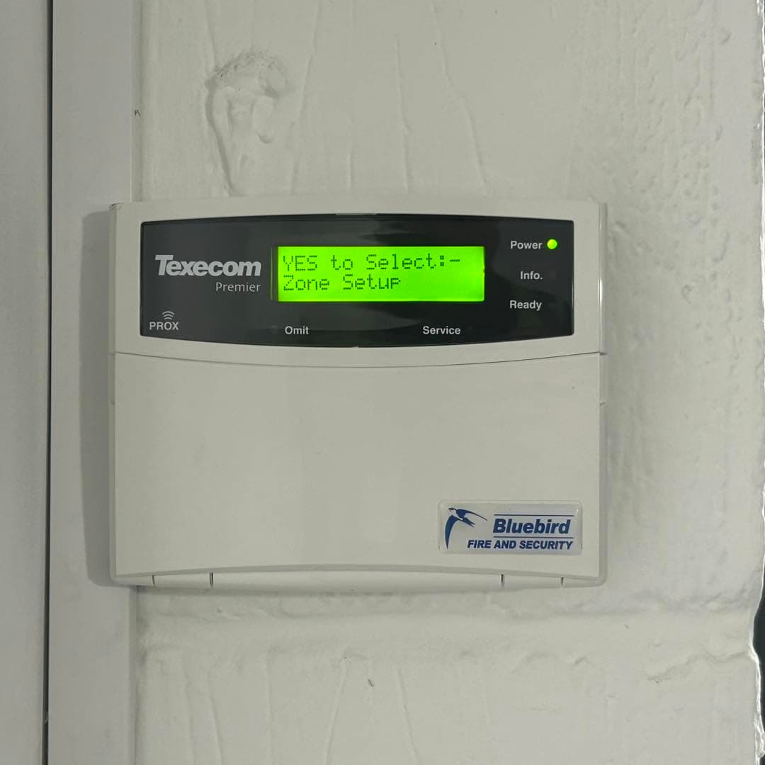 Texecom Premier Elite intruder alarm control panel installed at commercial premises
