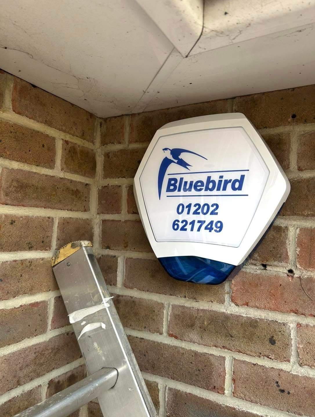 Bluebird Security external alarm sounder installed at a residential property
