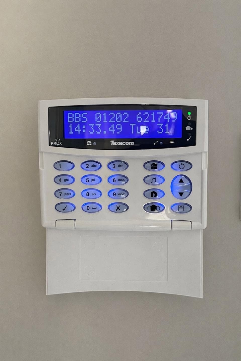 Texecom Premier Elite 24 alarm keypad installed in a residential property