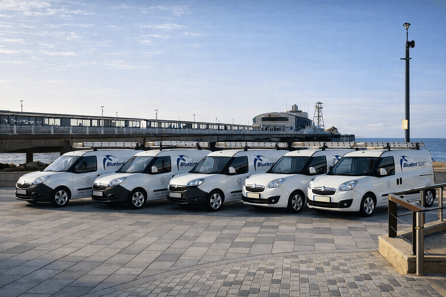 Bluebird Security vans lined up on the seafront showing local engineering coverage and team presence