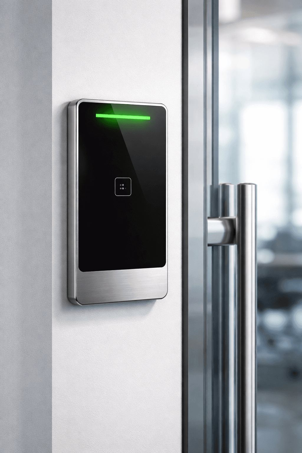 Access control reader beside a modern glass door
