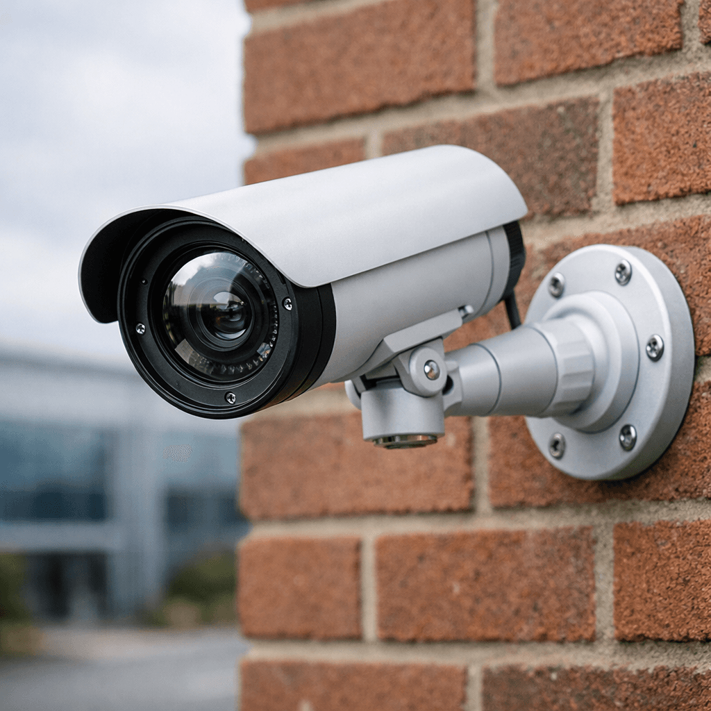 Bullet CCTV camera mounted on an exterior brick wall