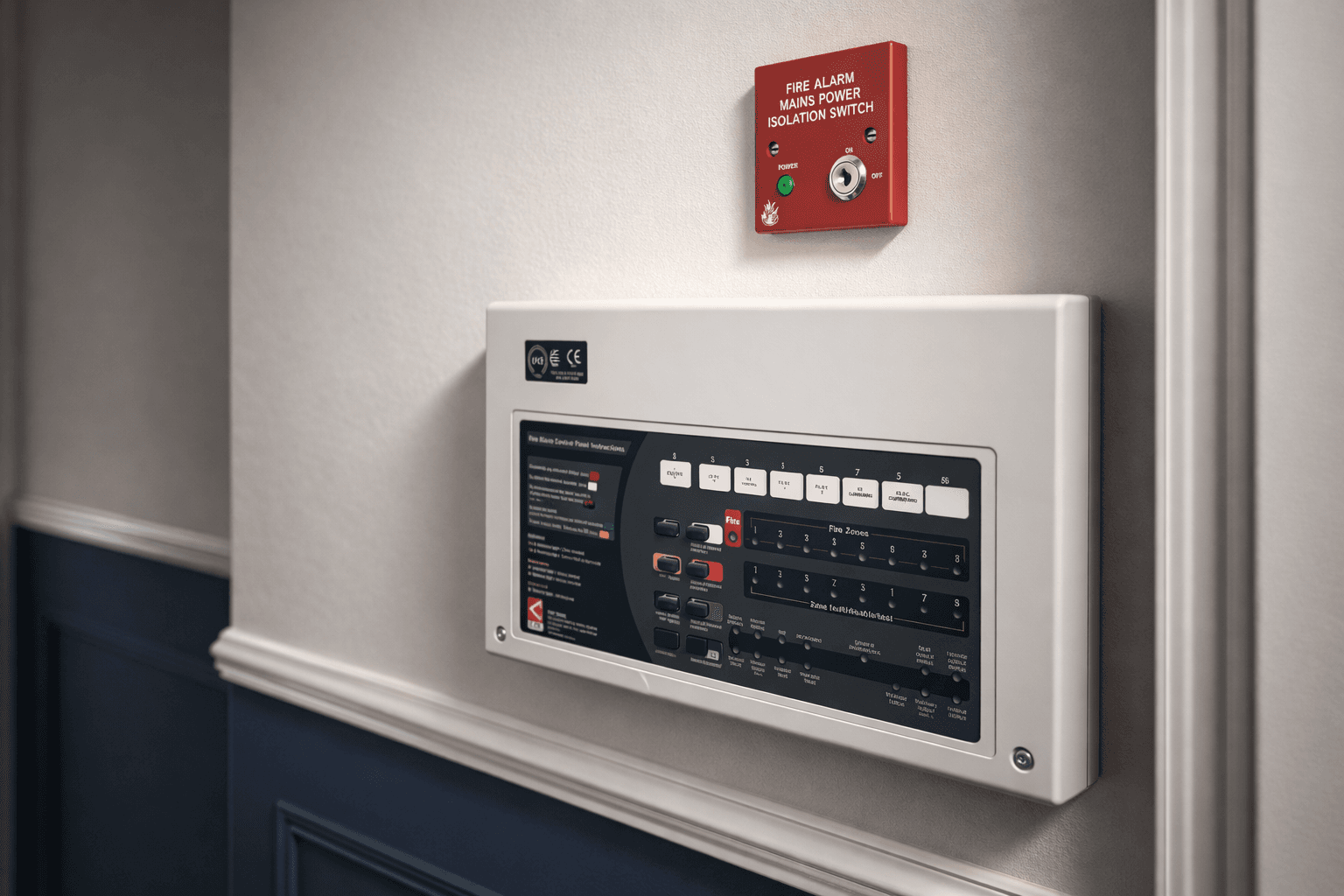 Wall-mounted fire alarm control panel with mains isolation switch above