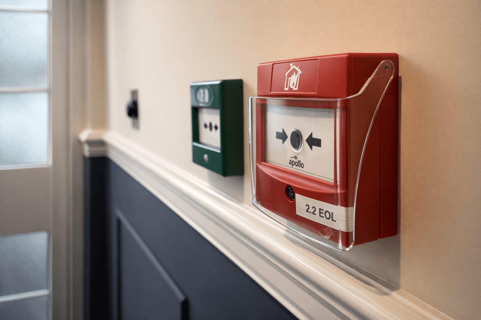 Manual fire alarm call point and adjacent wall-mounted device in a corridor