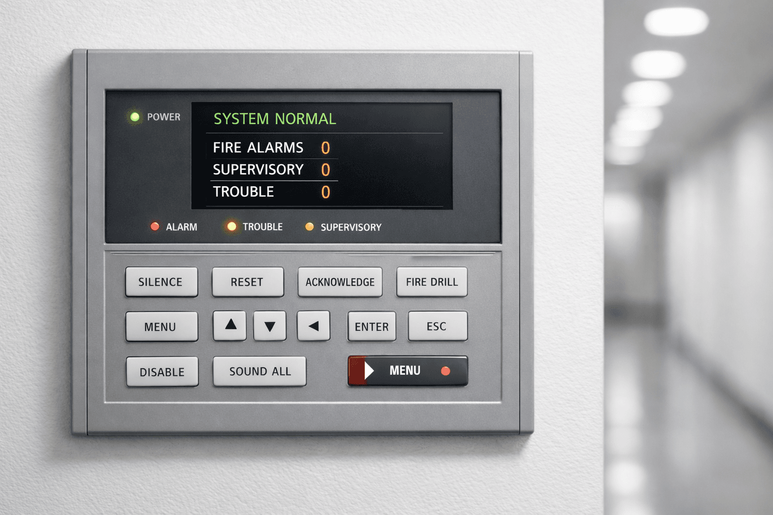 Fire alarm control panel showing system normal status