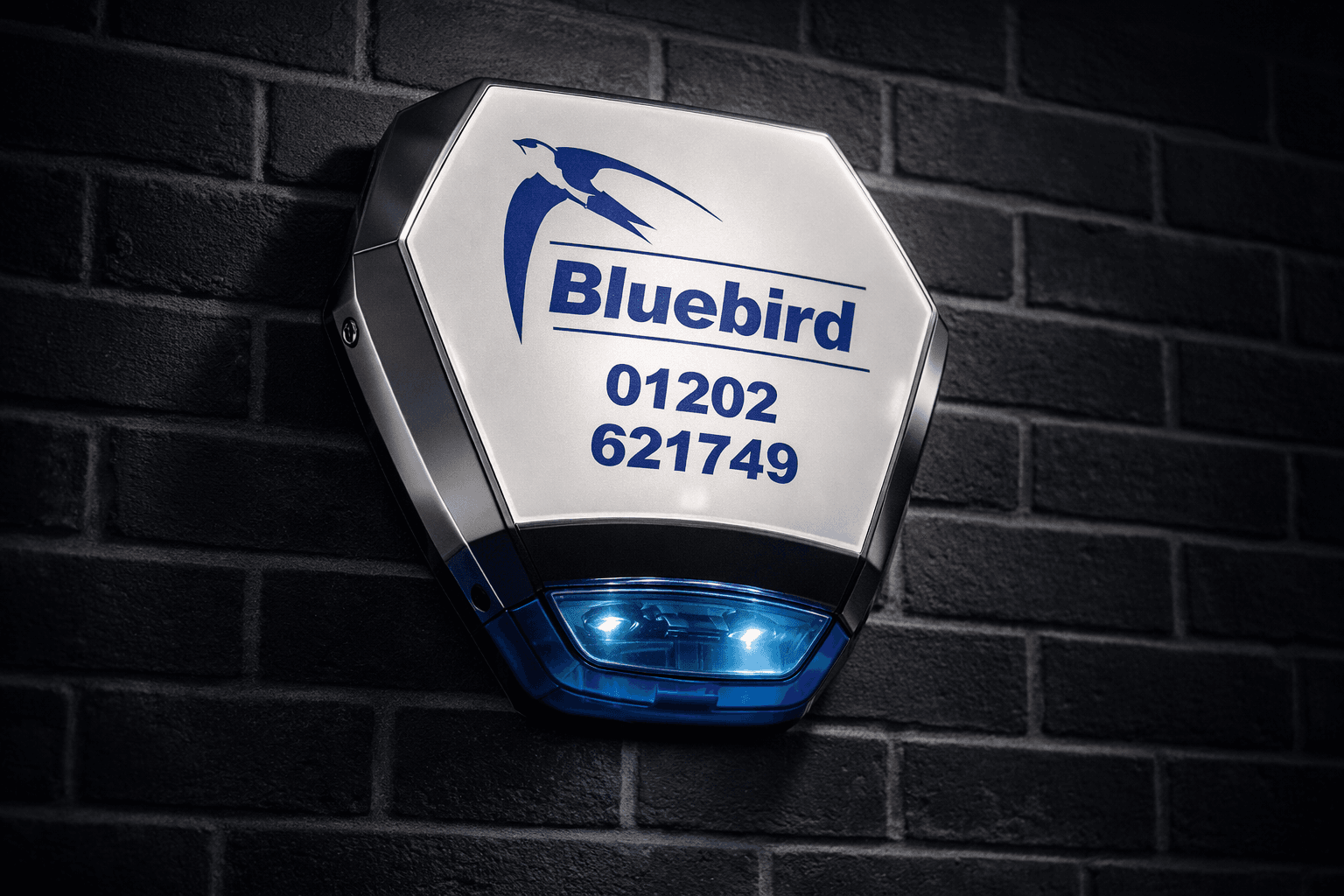Bluebird external intruder alarm sounder mounted on a brick wall