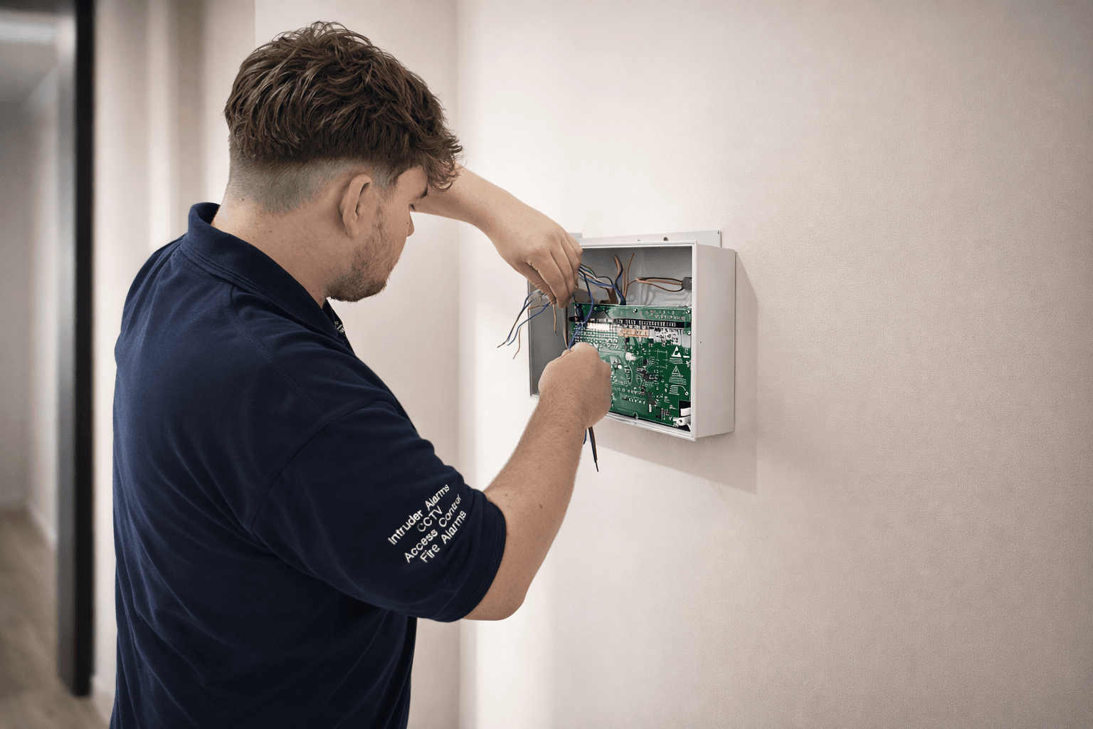 Engineer wiring and commissioning a wall-mounted security control panel